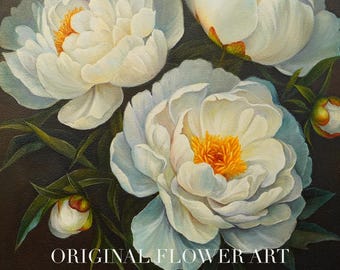 Peony Original Oil Painting, White Peony Wall Art, Hand-Painted Fine Art, Oil on Canvas in Vintage Frame, Framed Wall Decor, Gift for Wife