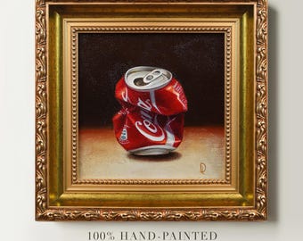 Original Coca-Cola Can Oil Painting, Crushed Coke Can Still Life, Hand-Painted Realism, Retro Kitchen Wall Art, Vintage Soda Pop Decor