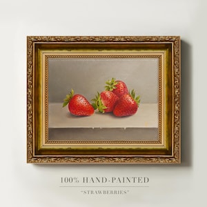 Strawberry Oil Painting, Original Hand-Painted Still Life, Strawberry Canvas Art, Framed Kitchen Wall Art, Fruit Fine Art, Gift for Her