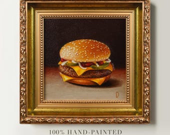 Pintura al óleo original de una hamburguesa, arte culinario pintado a mano, bodegón de hamburguesa con queso, óleo sobre lienzo, arte de pared enmarcado para la cocina, decoración de comida rápida.