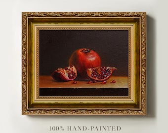 100% Original Pomegranate Oil Painting, Hand-Painted Fruit Painting, Oil on Canvas, Pomegranate Oil Still Life, Kitchen Art, Framed Wall Art