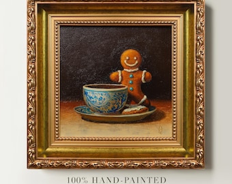 Gingerbread Man Cookie Oil Painting, Framed Christmas Still Life Art