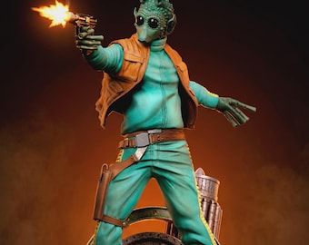 Hand-Painted Green Alien Bounty Hunter Statue | Sci-Fi Space Mercenary Resin Art