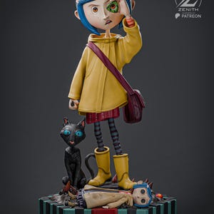 May include: A detailed figurine of a character from a stop-motion animated film. The figure wears a yellow raincoat, boots, and a red skirt. A black cat with blue eyes sits beside the figure. The figure is holding a green object over one eye.