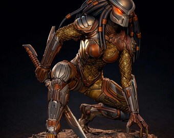 Handmade Kunoichi Predator Figure - Hand Painted Resin Statue - Collectible Alien Ninja Warrior Figurine - Custom Sci-Fi Art Model