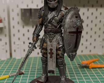 Handmade Crusader Predator Figure - Hand Painted Resin Statue - Collectible Knight Alien Warrior Figurine - Custom Sci-Fi Art Model
