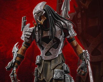 Estatua de Ronin Predator / Pieza de arte en resina pintada a mano de un cazador samurái