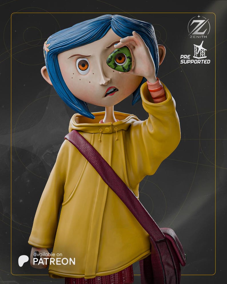 May include: A figurine of a character with blue hair, wearing a yellow jacket and carrying a burgundy satchel. The character is holding a green object over one eye. The image includes the text "ZENITH" and "PRE SUPPORTED". The text "available on PATREON" is also present.