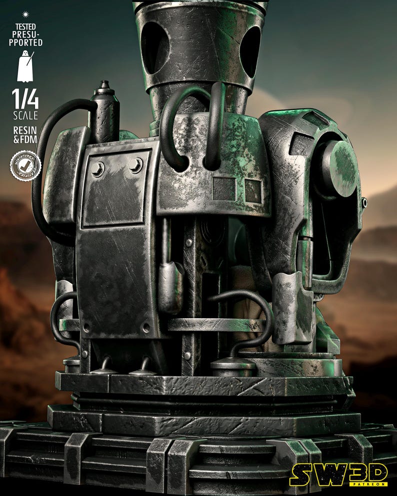 May include: A detailed, metallic sculpture of a robot torso. The sculpture is primarily silver with green accents, featuring intricate mechanical details, tubes, and rivets. The text "1/4 SCALE" and "RESIN & FDM" are visible. The SW3D logo is at the bottom.