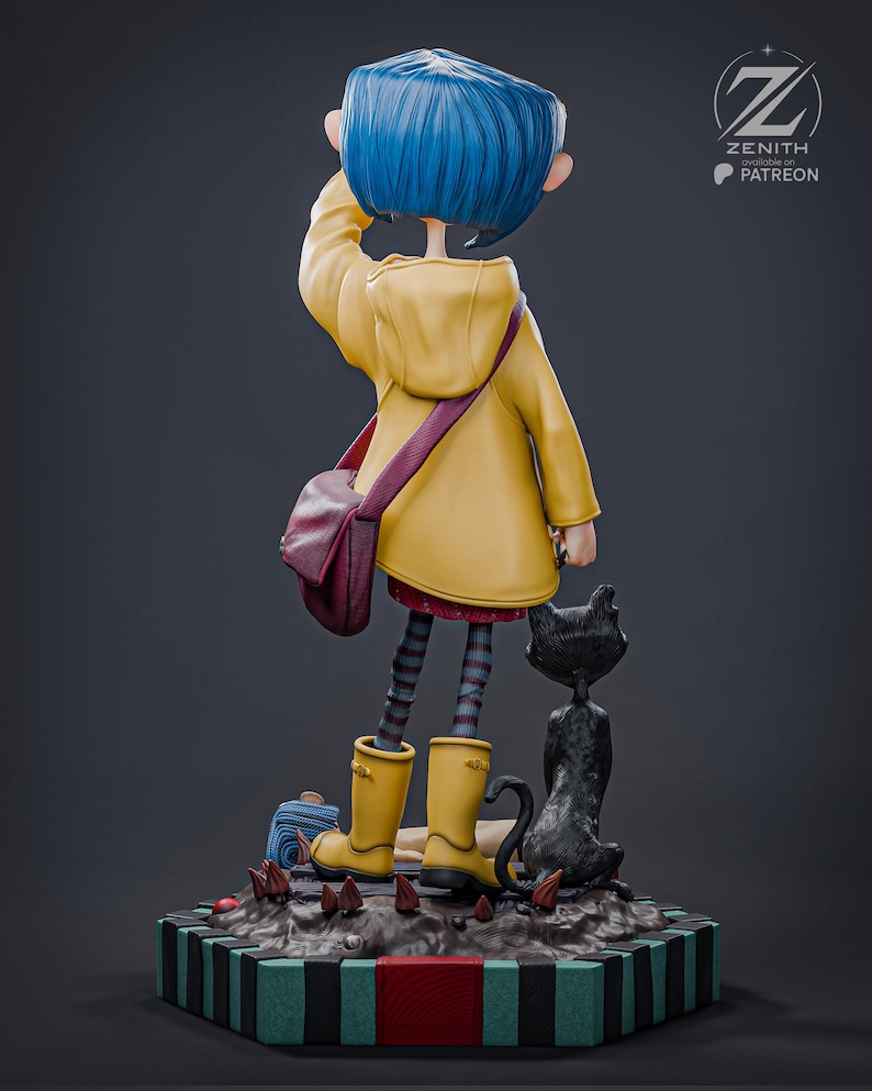 May include: A figurine of a girl with blue hair in a yellow raincoat, boots, and a maroon satchel. A black cat stands beside her. The figurine is on a base with a striped pattern.