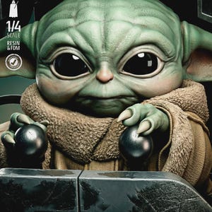 May include: A detailed, close-up of a green-skinned character with large black eyes, wearing a tan robe. The figure is holding two silver spheres. The image includes text that reads "TESTED PRESUPPORTED", "1/4 SCALE", "RESIN & FDM", and "SW3D".