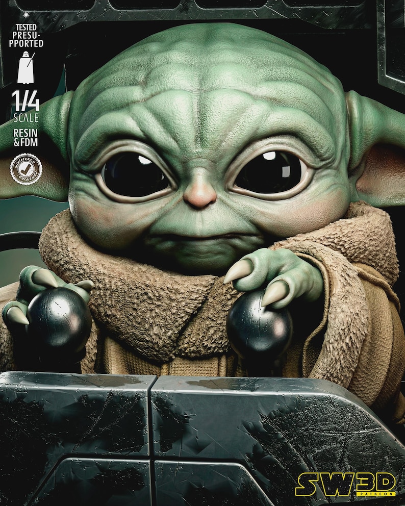 May include: A detailed, close-up of a green-skinned character with large black eyes, wearing a tan robe. The figure is holding two silver spheres. The image includes text that reads "TESTED PRESUPPORTED", "1/4 SCALE", "RESIN & FDM", and "SW3D".