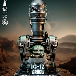 May include: A detailed 1/4 scale resin figure of IG-12 and Grogu from Star Wars. The metallic IG-12 figure has a cylindrical head and a mechanical body, cradling Grogu. The base features the text "IG-12 and Grogu".