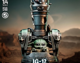 Busto de IG-12 y Grogu / Figura de colección de un robot y un niño con gran detalle