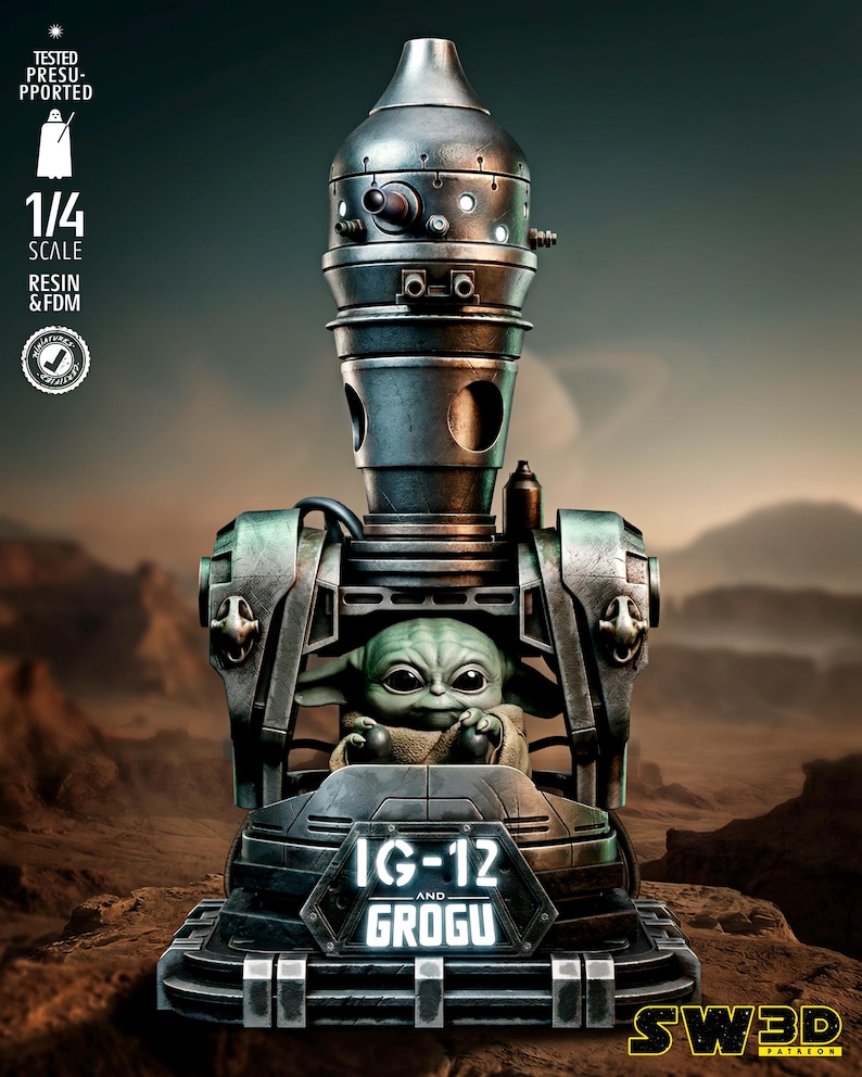 May include: A detailed 1/4 scale resin figure of IG-12 and Grogu from Star Wars. The metallic IG-12 figure has a cylindrical head and a mechanical body, cradling Grogu. The base features the text "IG-12 and Grogu".