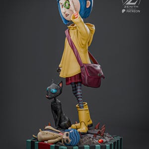 May include: A detailed figurine of a character with blue hair wearing a yellow raincoat, red skirt, and striped stockings. A black cat sits nearby. The figurine is on a base with a doll and the text "ZENITH PATREON".