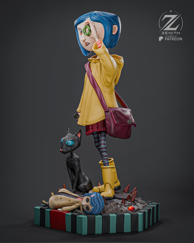 May include: A detailed figurine of a character with blue hair wearing a yellow raincoat, red skirt, and striped stockings. A black cat sits nearby. The figurine is on a base with a doll and the text "ZENITH PATREON".