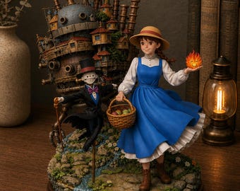 Hand-Painted Fantasy Moving Castle Diorama | Magical Steampunk Maiden Resin Art