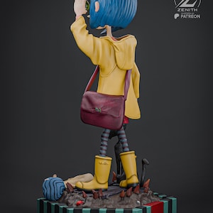 May include: A figurine of a character with blue hair wearing a yellow raincoat, red dress, and yellow wellington boots. The figure carries a maroon satchel and stands on a base with a striped pattern. The figure is looking at something in their hand.