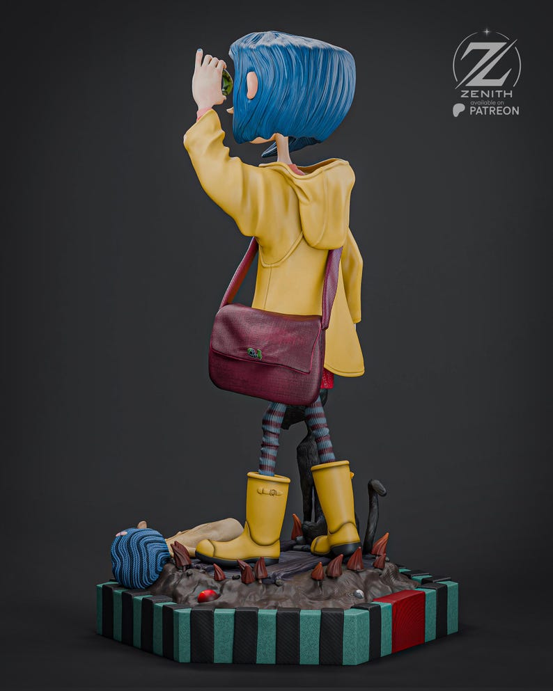 May include: A figurine of a character with blue hair wearing a yellow raincoat, red dress, and yellow wellington boots. The figure carries a maroon satchel and stands on a base with a striped pattern. The figure is looking at something in their hand.
