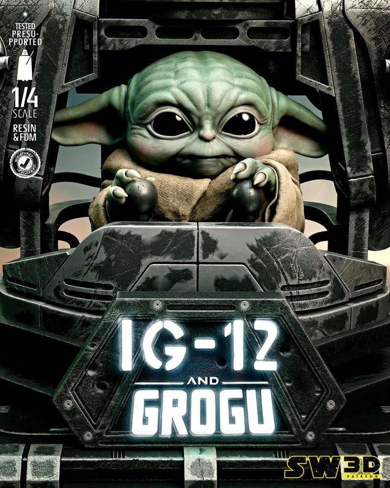 May include: A detailed 1/4 scale resin and FDM model of Grogu, also known as Baby Yoda, seated in a vehicle. The model is green with large black eyes and is wearing a tan robe. The text "IG-12 and Grogu" is displayed on the vehicle.