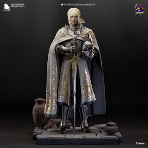 May include: A detailed figurine of a knight in silver armor and a gray cloak with gold embellishments. The knight holds a helmet and a sword. The base features pottery and the text "Totenn". The image includes the text "HIGH-QUALITY PRE-SUPPORTS" and "PATREON.COM/BULKAMANCER".