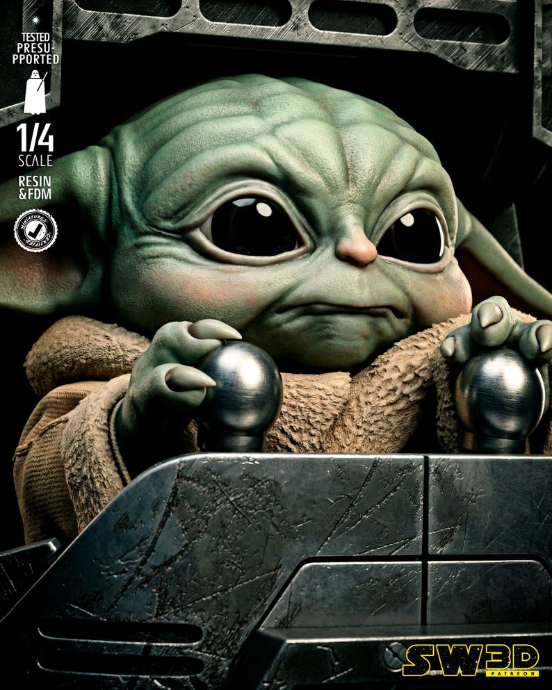 May include: A detailed, green-skinned figure with large black eyes, reminiscent of a popular character. The figure is seated in a metallic, textured cockpit, holding two silver spheres. The image includes text that reads "1/4 SCALE RESIN & FDM" and "SW3D PATREON".