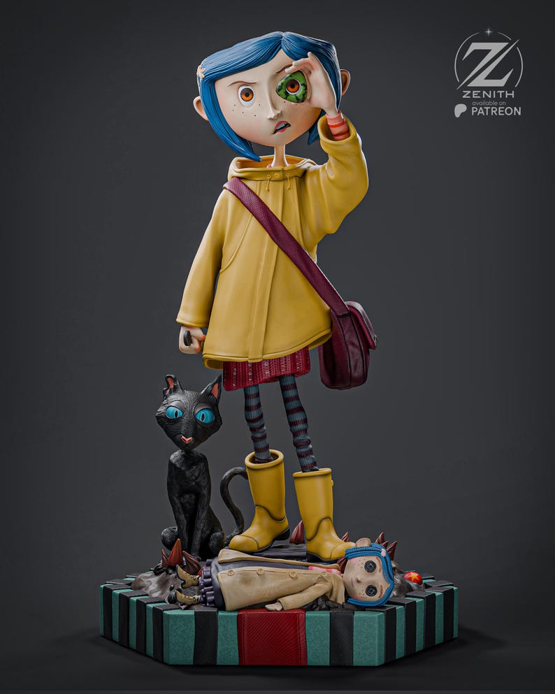 May include: A detailed figurine of a character from a stop-motion animated film. The figure wears a yellow raincoat, boots, and a red skirt. A black cat with blue eyes sits beside the figure. The figure is holding a green object over one eye.