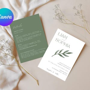 Plantilla de invitación de boda verde salvia, elegante invitación minimalista con detalles verdes, invitación digital editable, descarga instantánea