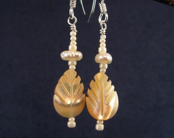 Carved Mother of Pearl Leaf  Earrings E157