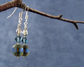 Smoky Blue & Olive Green Faceted Glass Earrings  E213