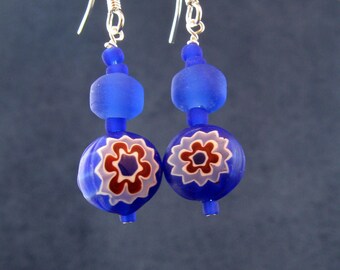 Cobalt & Crimson Millefiori Earrings E169