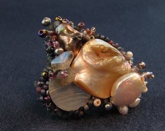 New Moon: Baroque and Coin Pearls, Mother of Pearl, and Labradorite Pin P130