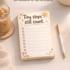 K&ouml;nnte beinhalten: Ein rechteckiger Notizblock mit den Ma&szlig;en 10,16 x 15,24 cm und 50 Seiten. Das Cover zeigt den Text Tiny steps still count, eine Sonnenillustration und eine Checkliste mit bunten Kreisen. Das Design enth&auml;lt kleine Sterne, Herzen und Blumen.