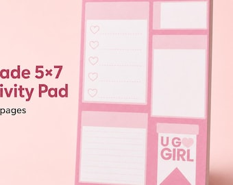 Bloc de notas rosa hecho a mano para productividad, bloc de notas de lista de tareas diarias de 5x7, papelería U Go Girl.