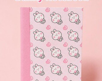 Minicuaderno de conejito hecho a mano, diario de bolsillo kawaii, papelería con corazones rosas.