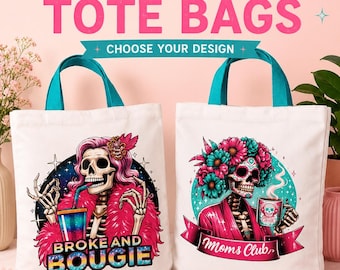Bolso de mano con diseño de esqueleto, estilo bohemio, club de mamás, bolso de lona con calavera original.
