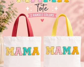 Bolso tote Mama hecho a mano, letras estilo universitario de chenilla, bolso de lona para uso diario.