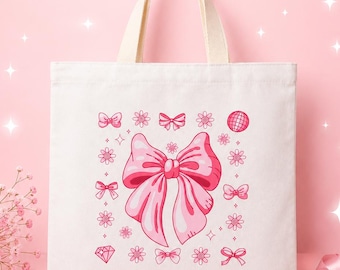 Bolso tote rosa con lazo, bolso de lona coqueto, diseño floral femenino.
