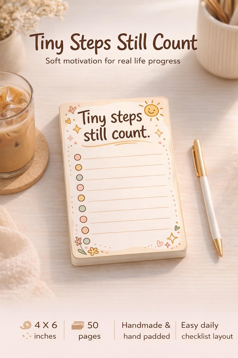 K&ouml;nnte beinhalten: Ein rechteckiger Notizblock mit den Ma&szlig;en 10,16 x 15,24 cm und 50 Seiten. Das Cover zeigt den Text Tiny steps still count, eine Sonnenillustration und eine Checkliste mit bunten Kreisen. Das Design enth&auml;lt kleine Sterne, Herzen und Blumen.