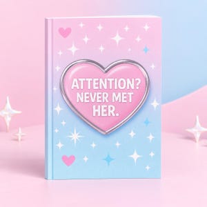 May include: A hardcover notebook with a pink and blue gradient cover featuring a central pink heart with a silver border. The text ATTENTION? NEVER MET HER. is printed in white inside the heart. The cover is decorated with white and blue stars.