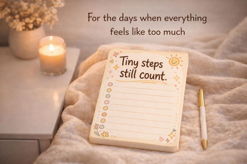 K&ouml;nnte beinhalten: Ein rechteckiger Notizblock mit cremefarbenem Hintergrund, der den Text "Tiny steps still count." und eine Liste mit kreisf&ouml;rmigen K&auml;stchen enth&auml;lt. Der Block ist mit kleinen Sonnen-, Stern- und Blumenmotiven verziert und liegt neben einem gold-wei&szlig;en Stift.