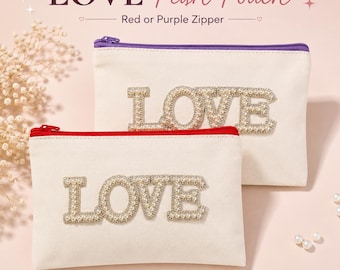 Estuche con cremallera de lona con perlas y diamantes de imitación LOVE, rojo o morado.