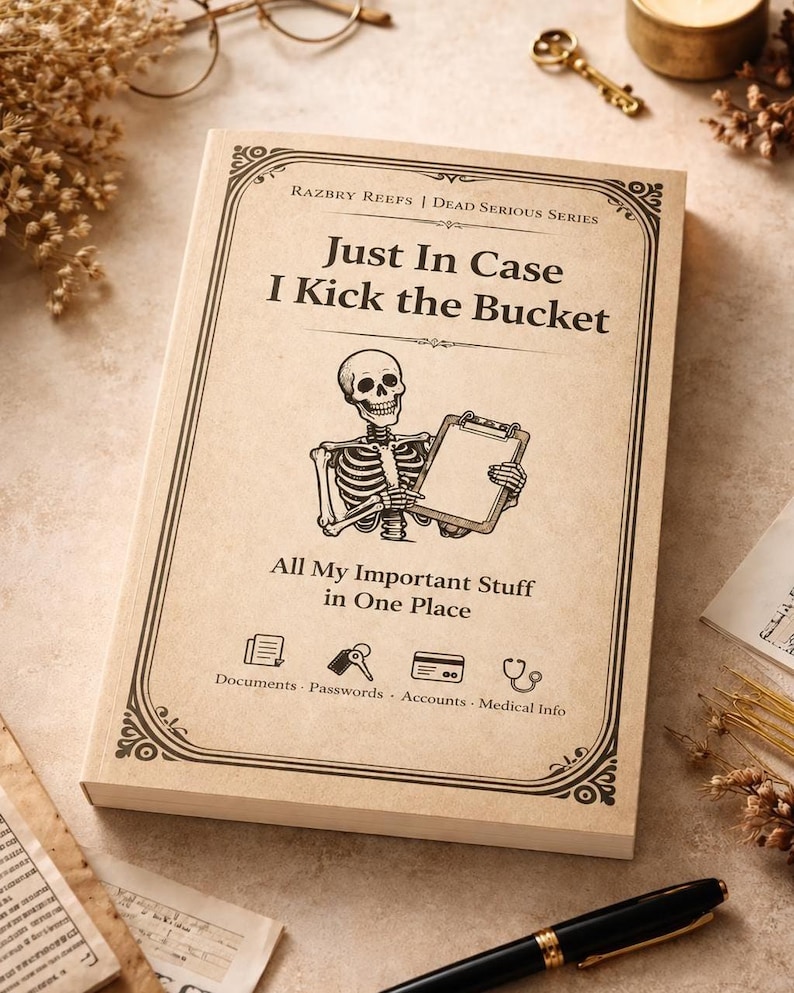 K&ouml;nnte beinhalten: Ein beigefarbenes Taschenbuch mit dem Titel Just In Case I Kick the Bucket aus der Dead Serious Series von Razbry Reefs. Das Cover zeigt eine schwarze Strichzeichnung eines Skeletts, das ein Klemmbrett h&auml;lt, sowie Symbole f&uuml;r Dokumente, Passw&ouml;rter, Konten und medizinische Informationen.