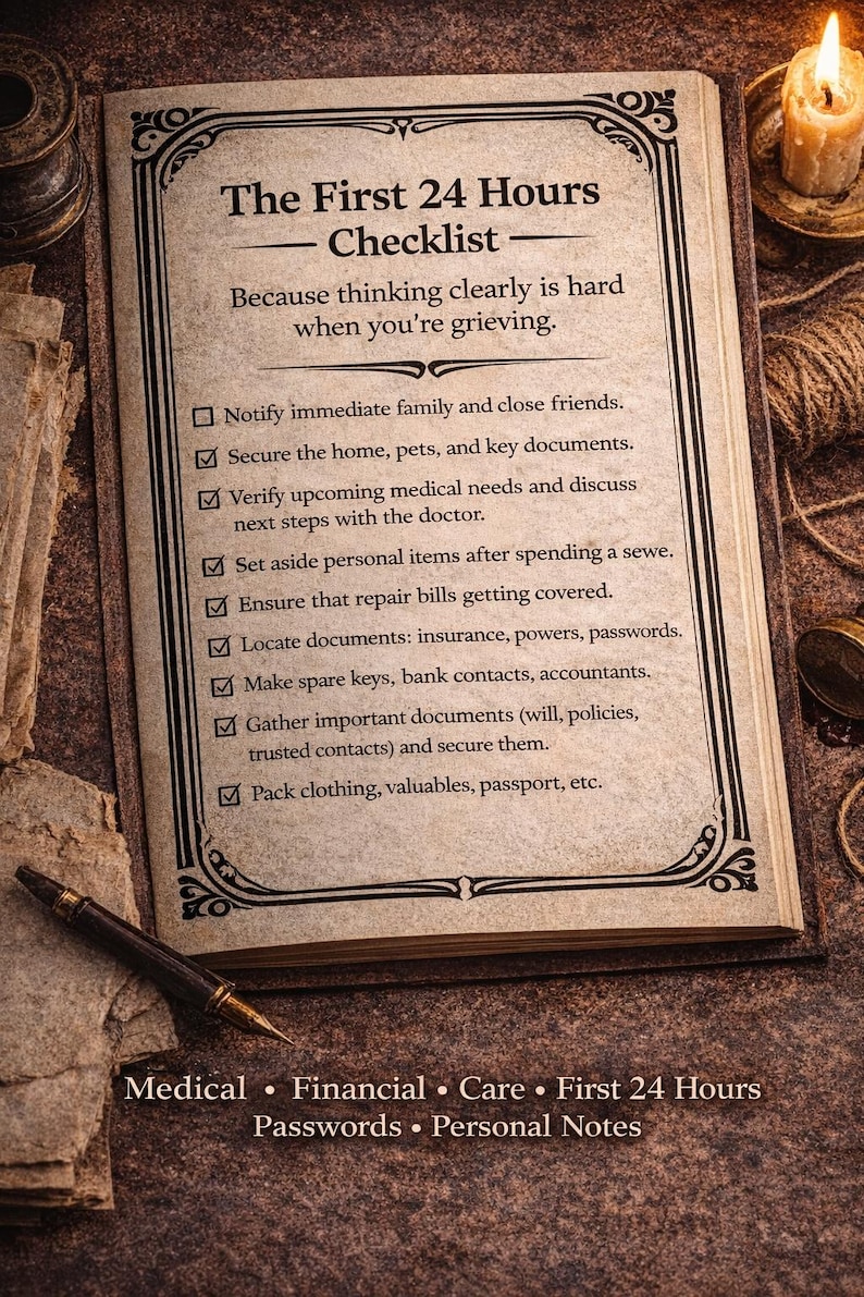 May include: An open book with a page titled The First 24 Hours Checklist, featuring a list of tasks for grieving individuals. The text includes items like notify family, secure home, and locate documents. A fountain pen rests on the page.