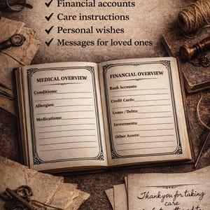 May include: An open book with pages titled Medical Overview and Financial Overview, featuring lines for personal data. Text above lists uses for medical information, financial accounts, care instructions, personal wishes, and messages for loved ones.