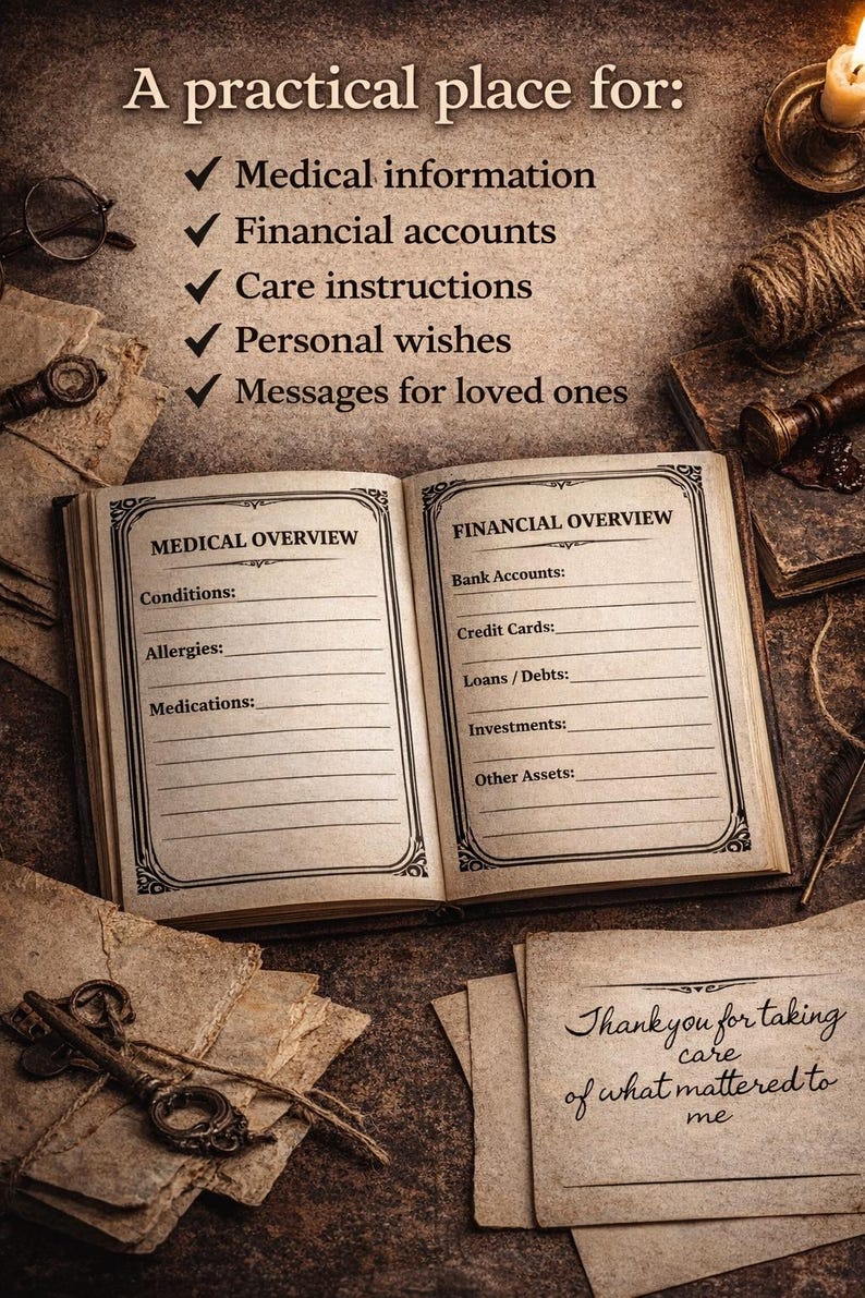 May include: An open book with pages titled Medical Overview and Financial Overview, featuring lines for personal data. Text above lists uses for medical information, financial accounts, care instructions, personal wishes, and messages for loved ones.