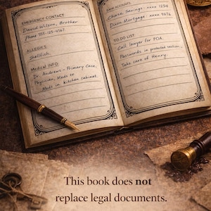 May include: An open vintage-style journal with cream-colored pages featuring printed headers like Emergency Contact, Allergies, Medical Info, Bank Accounts, and To-Do List. A fountain pen rests on the page. Text reads: This book does not replace legal documents. It makes everything easier to find.