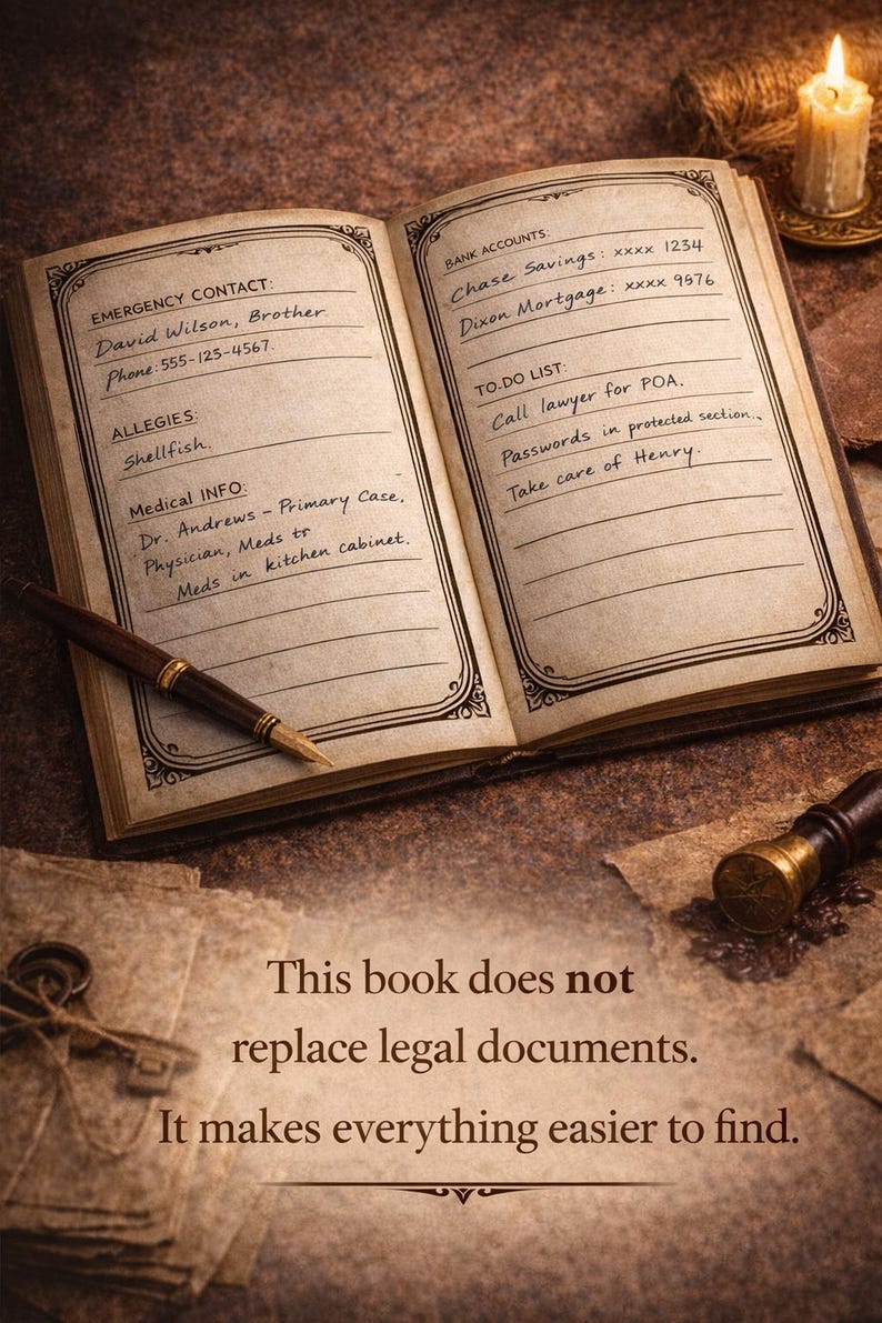 May include: An open vintage-style journal with cream-colored pages featuring printed headers like Emergency Contact, Allergies, Medical Info, Bank Accounts, and To-Do List. A fountain pen rests on the page. Text reads: This book does not replace legal documents. It makes everything easier to find.