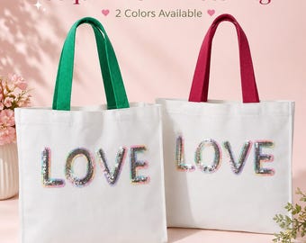 Bolso tote LOVE con lentejuelas, lona blanca, asas coloridas.